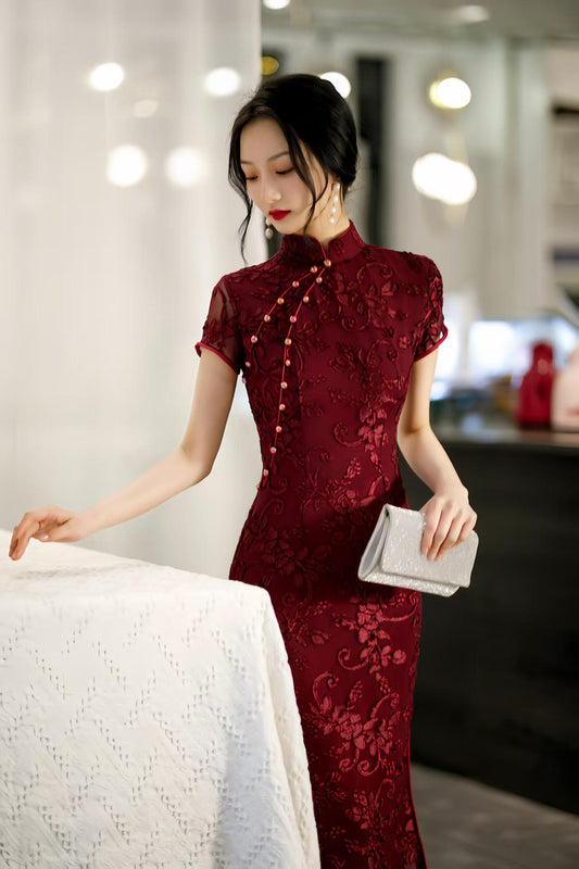 Women's Elegant Velvet Qipao Cheongsam Dress – Fitted