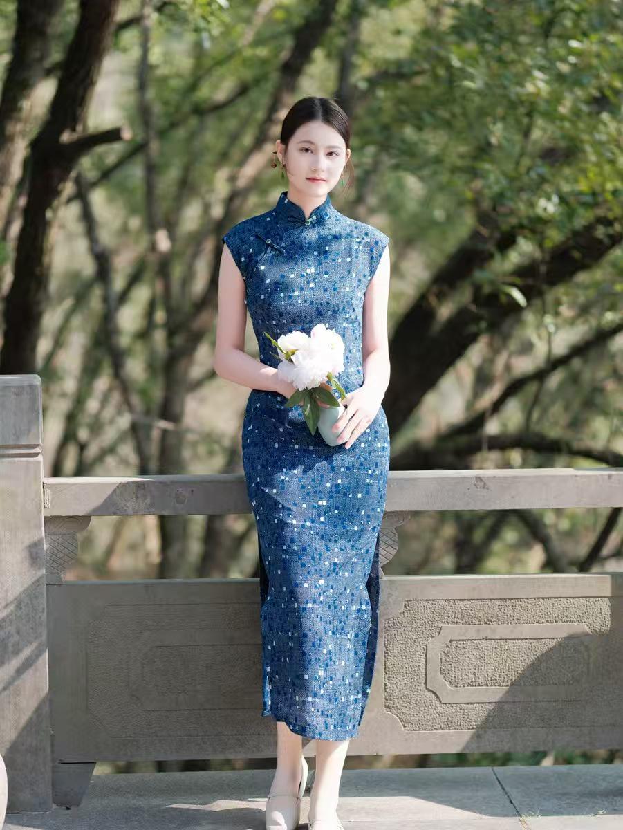 Women's Blue Vintage Qipao Cheongsam Dress – additional product view
