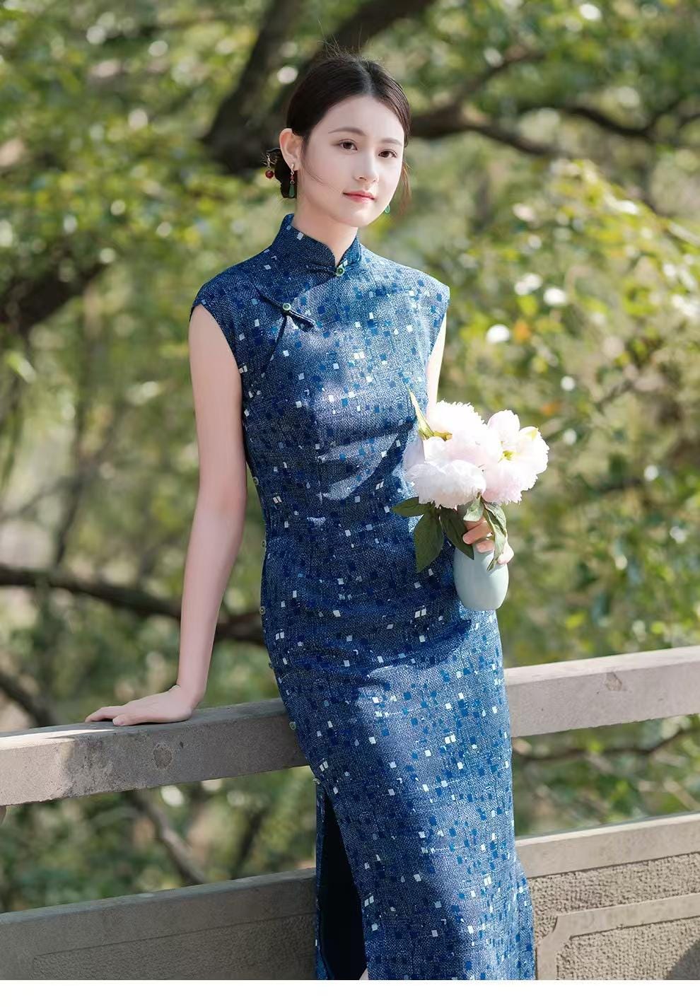 Women's Blue Vintage Qipao Cheongsam Dress – additional product view