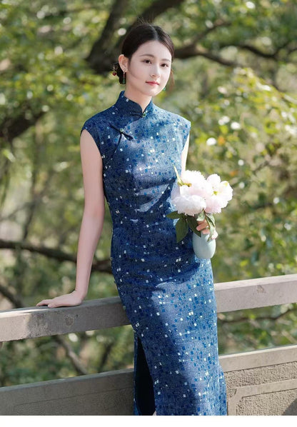 Women's Blue Vintage Qipao Cheongsam Dress – additional product view