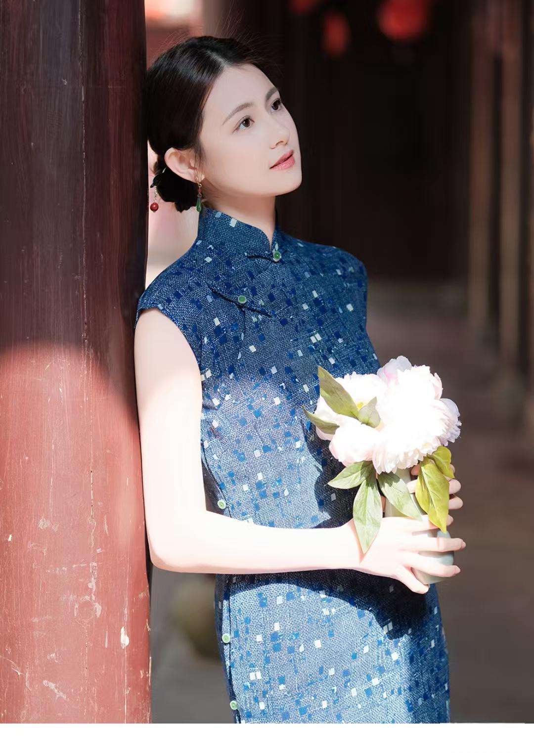 Women's Blue Vintage Qipao Cheongsam Dress – additional product view