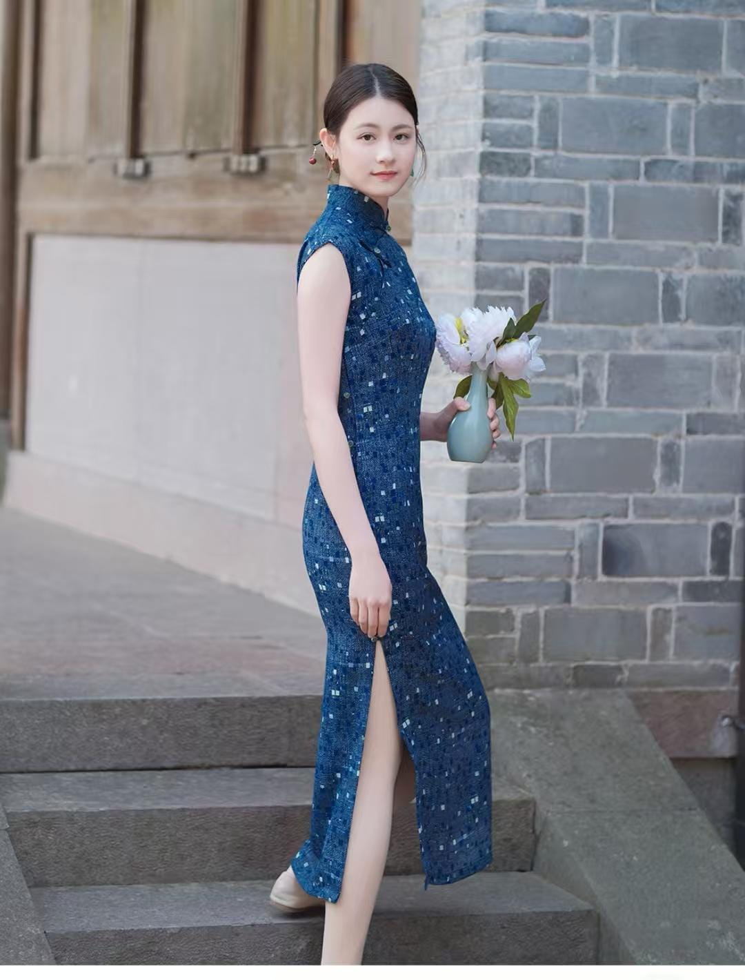 Women's Blue Vintage Qipao Cheongsam Dress – additional product view