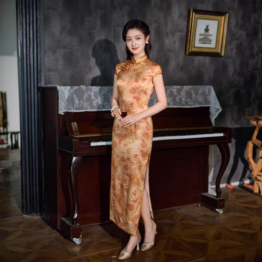 Women's Gold Vintage Silk Qipao Cheongsam Dress – Fitted