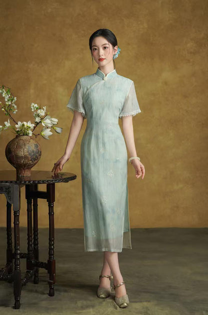 Women's Green Vintage Qipao Cheongsam Dress – Side Slit Fitted – additional product view