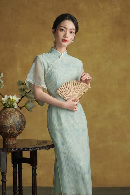 Women's Green Vintage Qipao Cheongsam Dress – Side Slit Fitted – additional product view
