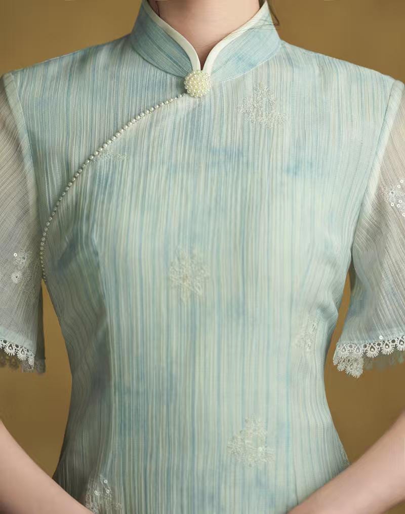 Women's Green Vintage Qipao Cheongsam Dress – Side Slit Fitted – additional product view