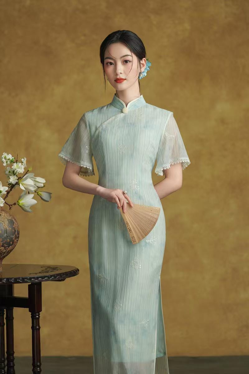 Women's Green Vintage Qipao Cheongsam Dress – Side Slit Fitted