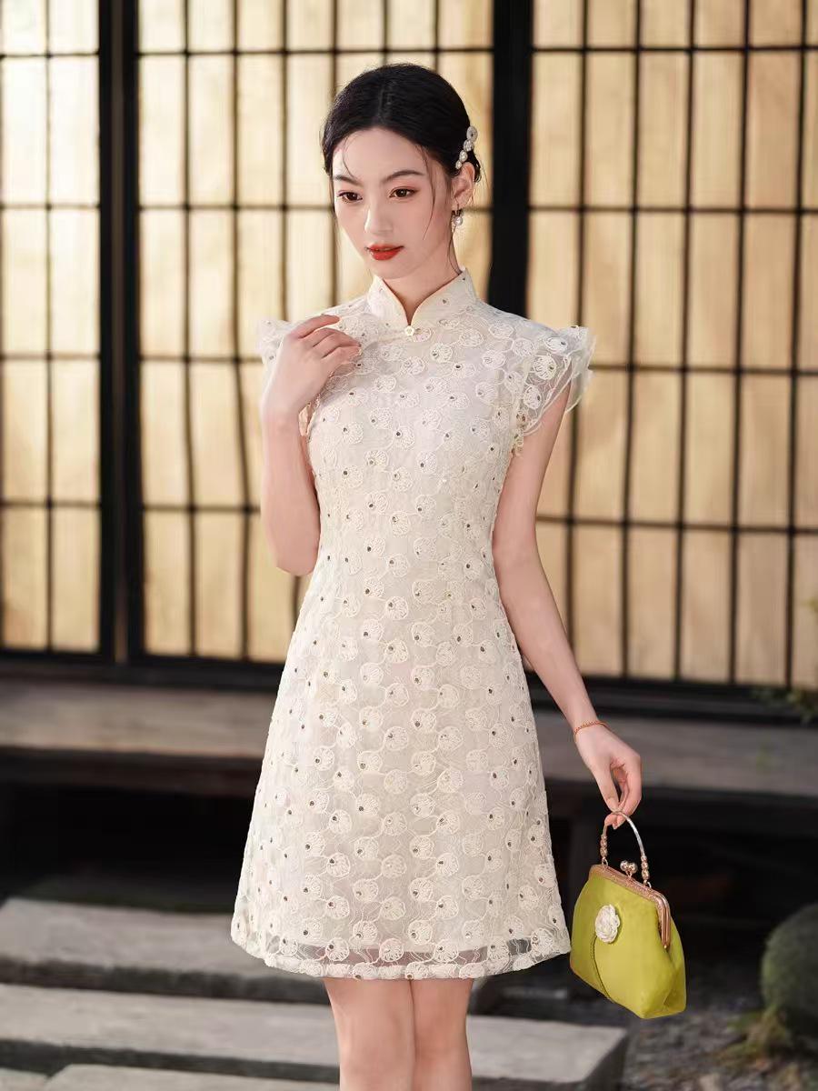 Women's Vintage Qipao Cheongsam Dress – Beige Fitted – additional product view