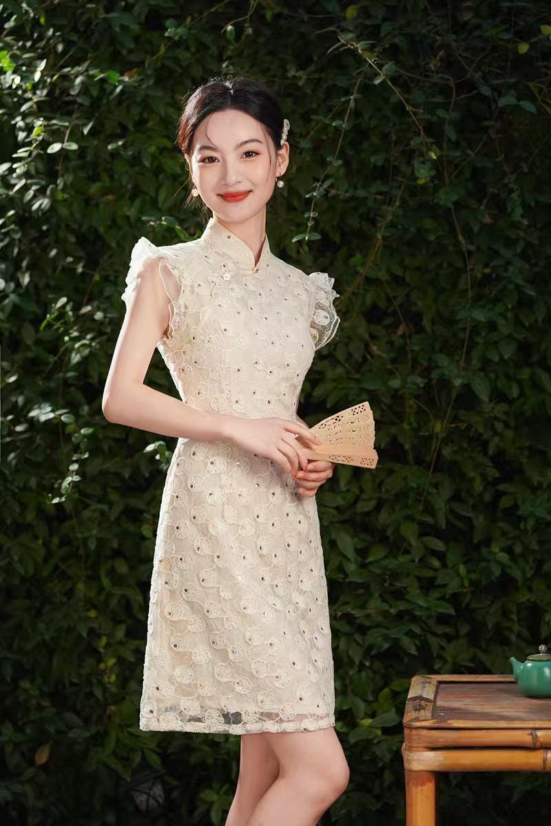 Women's Vintage Qipao Cheongsam Dress – Beige Fitted – additional product view