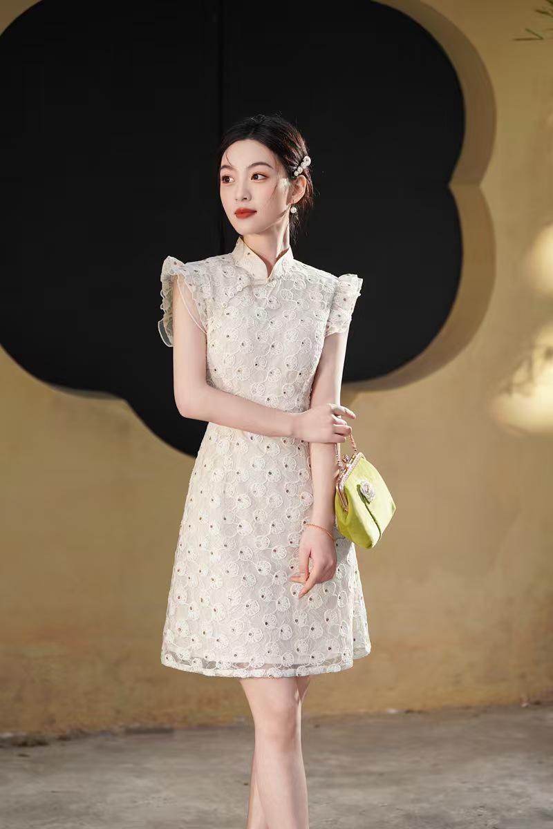 Women's Vintage Qipao Cheongsam Dress – Beige Fitted – additional product view
