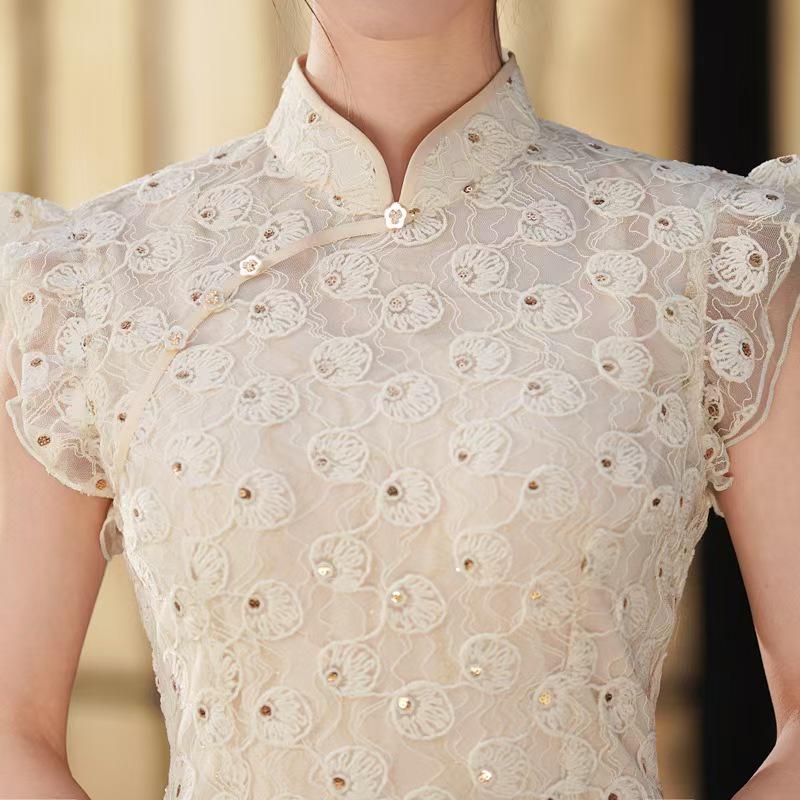 Women's Vintage Qipao Cheongsam Dress – Beige Fitted – additional product view