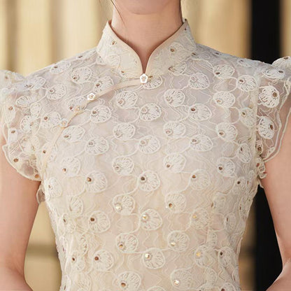 Women's Vintage Qipao Cheongsam Dress – Beige Fitted – additional product view