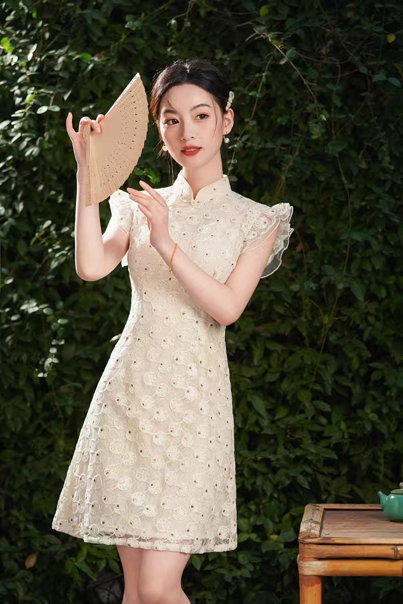 Women's Vintage Qipao Cheongsam Dress – Beige Fitted – additional product view