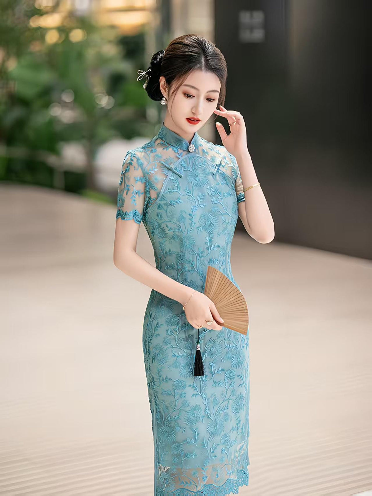 Women's Blue Vintage Qipao Cheongsam Dress – additional product view