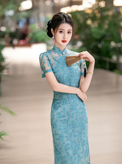 Women's Blue Vintage Qipao Cheongsam Dress – additional product view