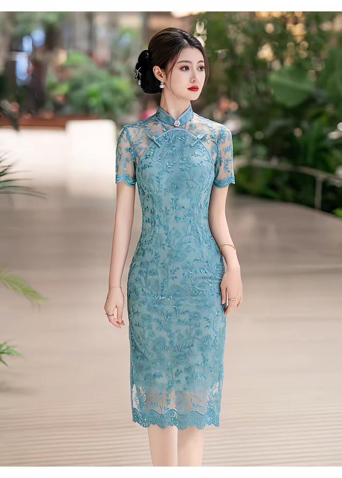Women's Blue Vintage Qipao Cheongsam Dress – additional product view