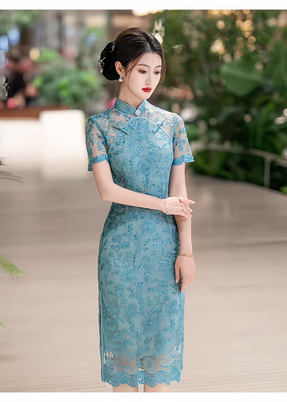 Women's Blue Vintage Qipao Cheongsam Dress – additional product view