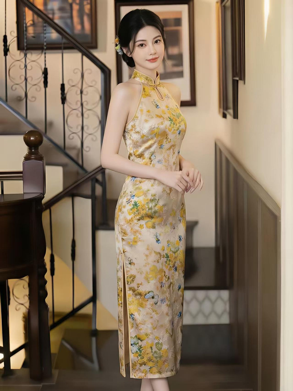 Women's Floral Qipao Cheongsam Dress – Midi Fitted – additional product view
