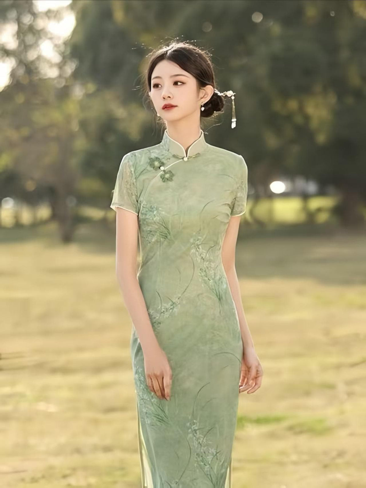 Women's Green Vintage Qipao Cheongsam Dress – Midi Fitted – additional product view