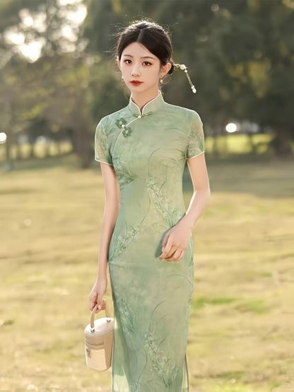 Women's Green Vintage Qipao Cheongsam Dress – Midi Fitted – additional product view