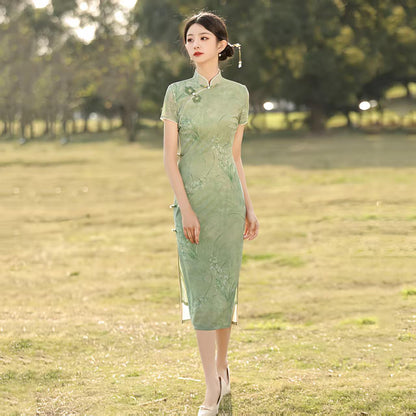 Women's Green Vintage Qipao Cheongsam Dress – Midi Fitted – additional product view