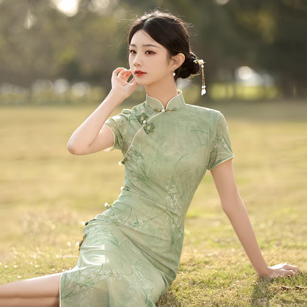 Women's Green Vintage Qipao Cheongsam Dress – Midi Fitted – additional product view
