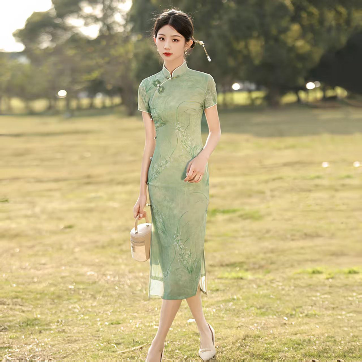 Women's Green Vintage Qipao Cheongsam Dress – Midi Fitted – additional product view