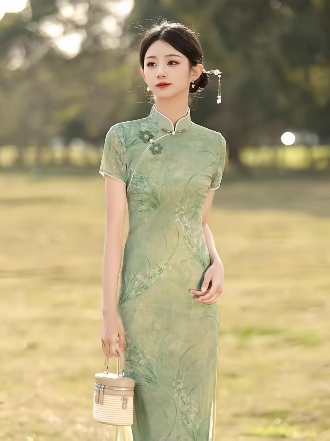 Women's Green Vintage Qipao Cheongsam Dress – Midi Fitted
