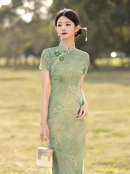 Women's Green Vintage Qipao Cheongsam Dress – Midi Fitted