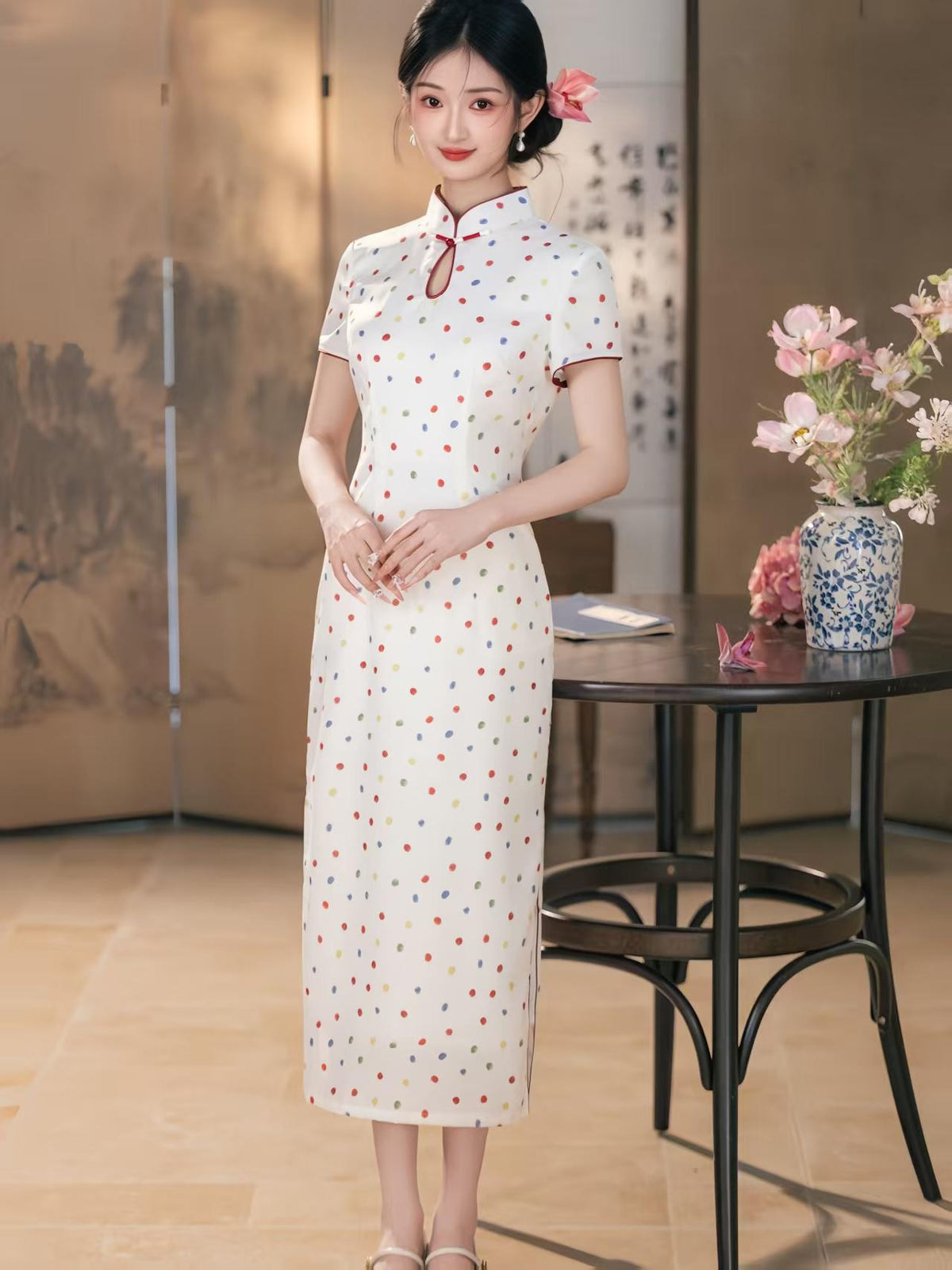 Women's White Vintage Qipao Cheongsam Dress – Polka Dot Side Slit Midi – additional product view