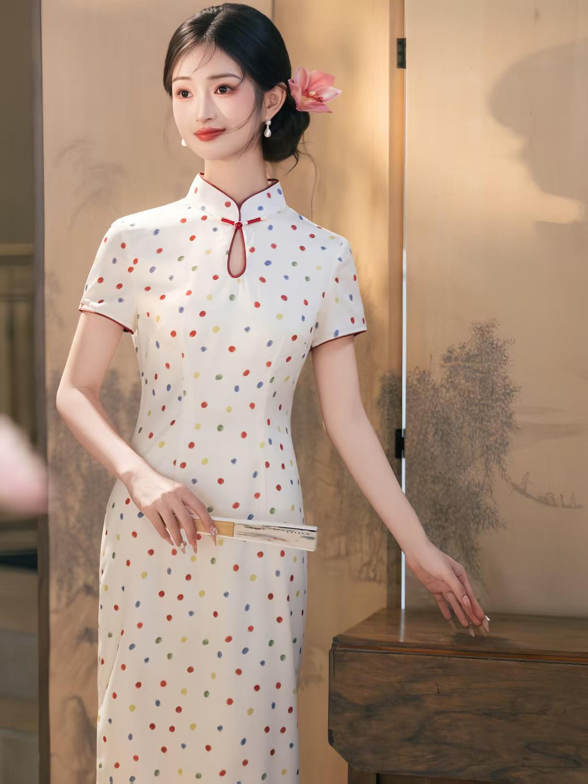 Women's White Vintage Qipao Cheongsam Dress – Polka Dot Side Slit Midi – additional product view