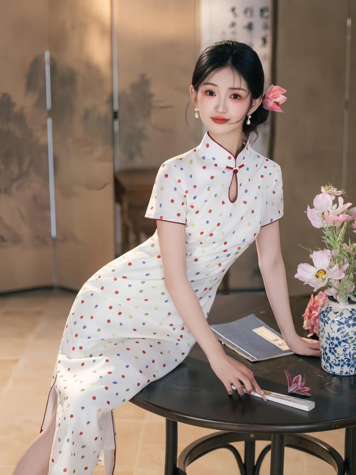 Women's White Vintage Qipao Cheongsam Dress – Polka Dot Side Slit Midi – additional product view
