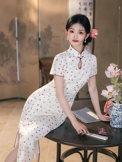 Women's White Vintage Qipao Cheongsam Dress – Polka Dot Side Slit Midi – additional product view