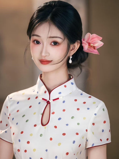 Women's White Vintage Qipao Cheongsam Dress – Polka Dot Side Slit Midi – additional product view