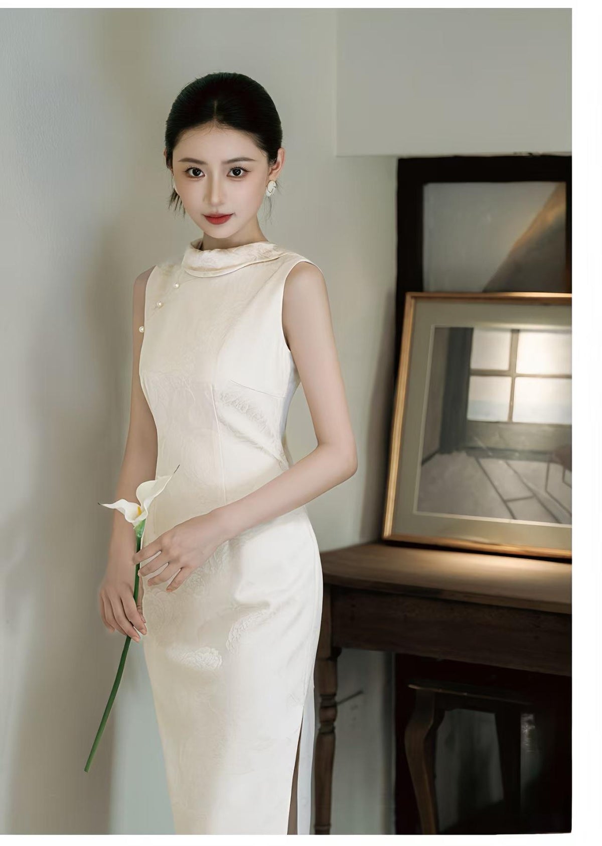 Women's White Elegant Qipao Cheongsam Dress – Fitted – additional product view