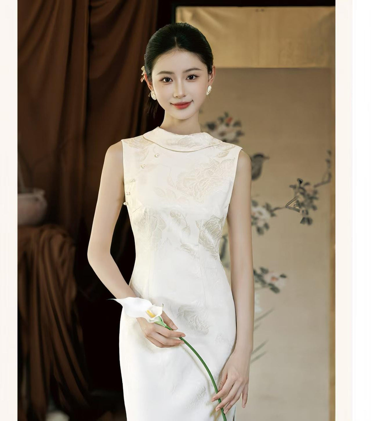 Women's White Elegant Qipao Cheongsam Dress – Fitted – additional product view