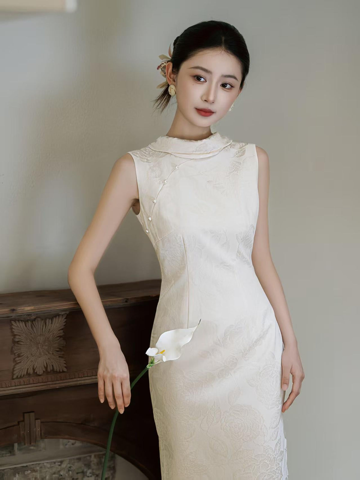 Women's White Elegant Qipao Cheongsam Dress – Fitted – additional product view