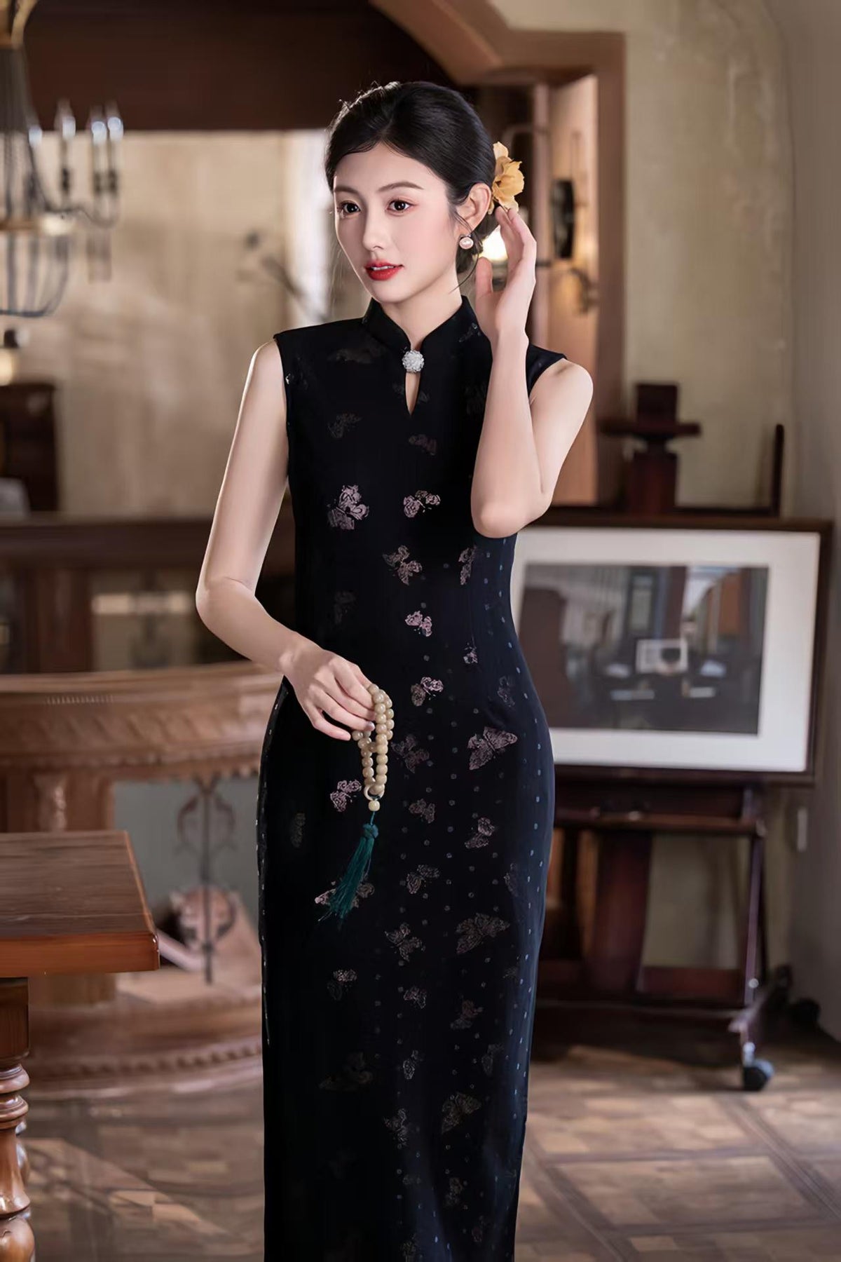 Women's Black Vintage Qipao Cheongsam Dress – Printed Midi Fitted – additional product view