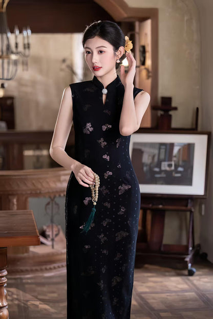 Women's Black Vintage Qipao Cheongsam Dress – Printed Midi Fitted – additional product view