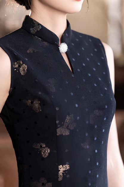 Women's Black Vintage Qipao Cheongsam Dress – Printed Midi Fitted – additional product view