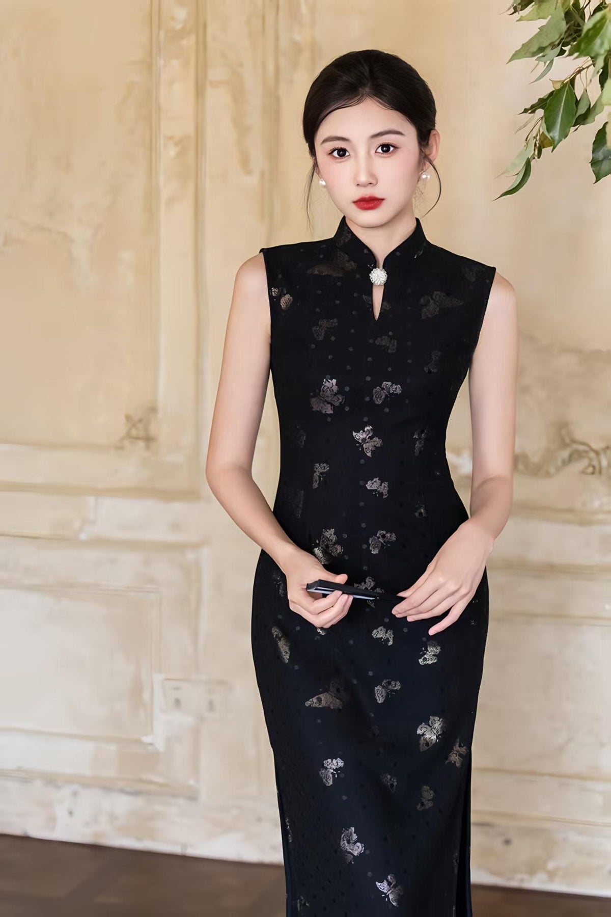 Women's Black Vintage Qipao Cheongsam Dress – Printed Midi Fitted – additional product view