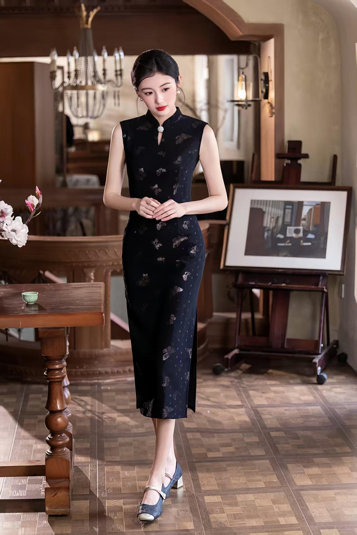 Women's Black Vintage Qipao Cheongsam Dress – Printed Midi Fitted – additional product view