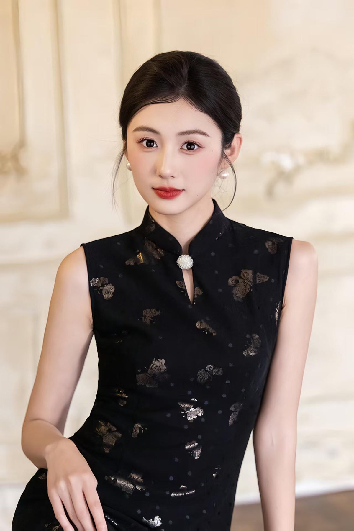 Women's Black Vintage Qipao Cheongsam Dress – Printed Midi Fitted – additional product view