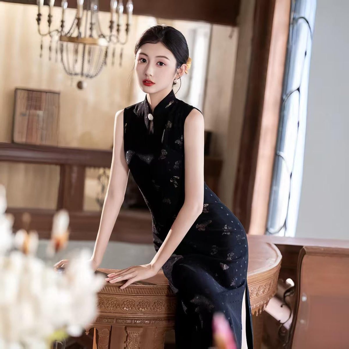 Women's Black Vintage Qipao Cheongsam Dress – Printed Midi Fitted – additional product view