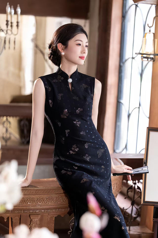 Women's Black Vintage Qipao Cheongsam Dress – Printed Midi Fitted