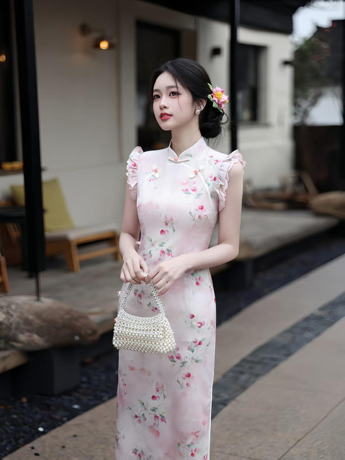 Women's Pink Floral Qipao Cheongsam Dress – additional product view