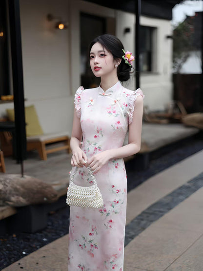 Women's Pink Floral Qipao Cheongsam Dress – additional product view