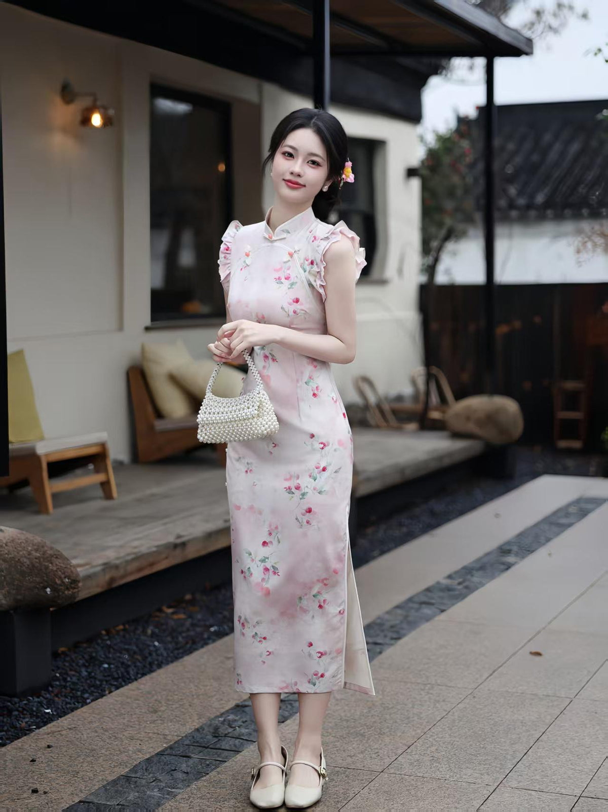 Women's Pink Floral Qipao Cheongsam Dress – additional product view