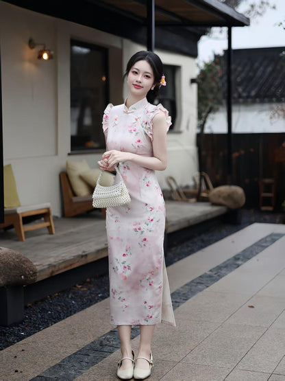 Women's Pink Floral Qipao Cheongsam Dress – additional product view