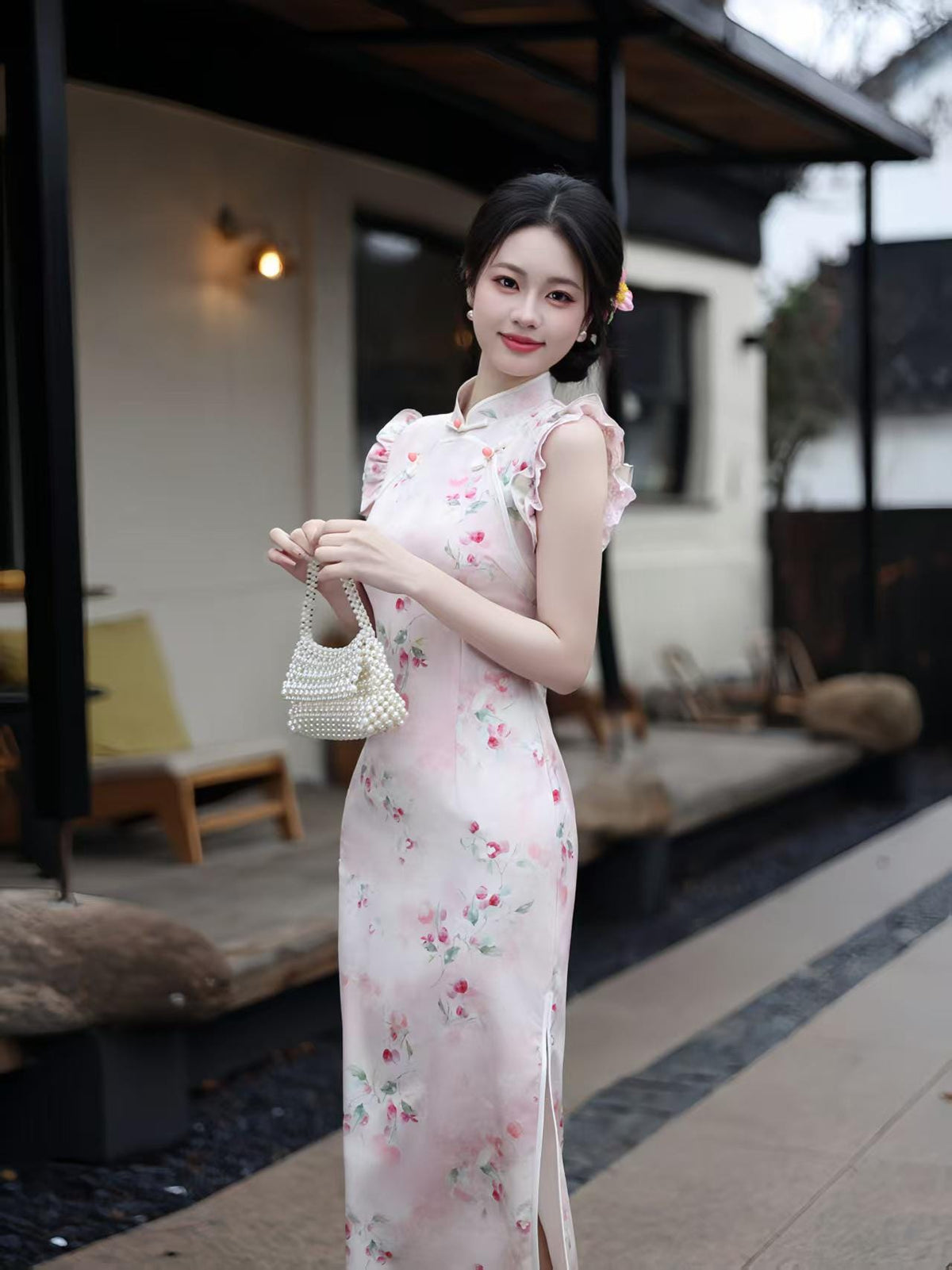 Women's Pink Floral Qipao Cheongsam Dress – additional product view